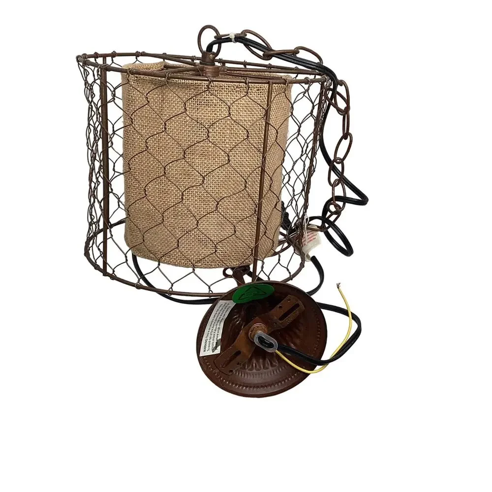 Farmhouse Pendant Light Lamp Rustic Chicken Wire Shade with Burlap Center‎ Brown